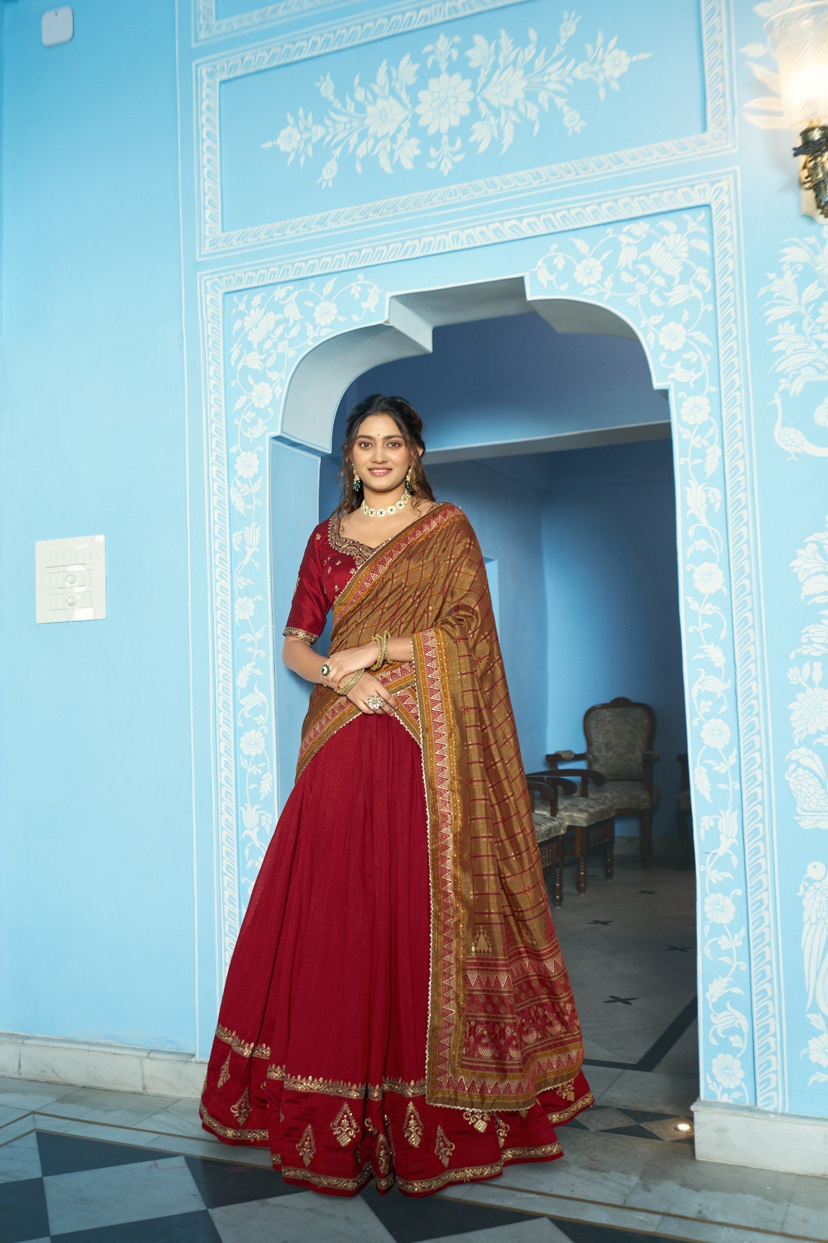 Designer Silk Lehenga Saree with Contrast Blouse – Festive Collection