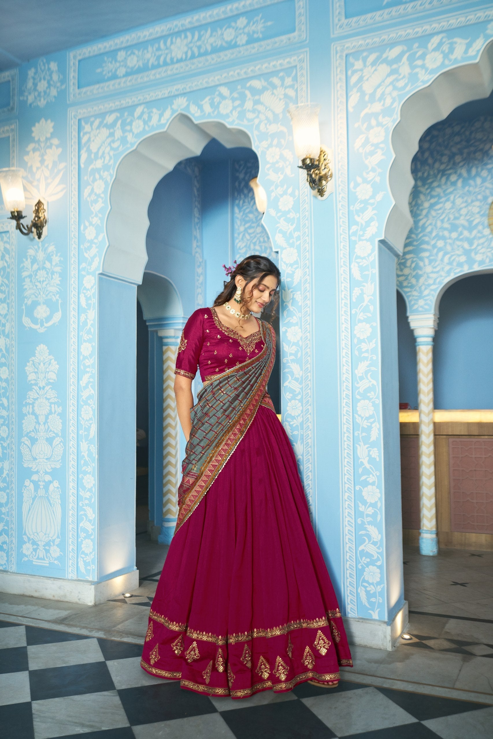 Designer Silk Lehenga Saree with Contrast Blouse – Festive Collection