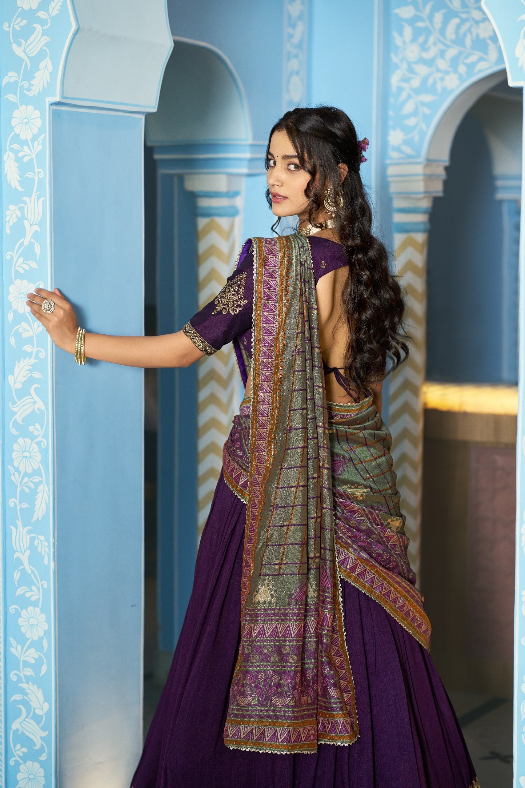 Designer Silk Lehenga Saree with Contrast Blouse – Festive Collection