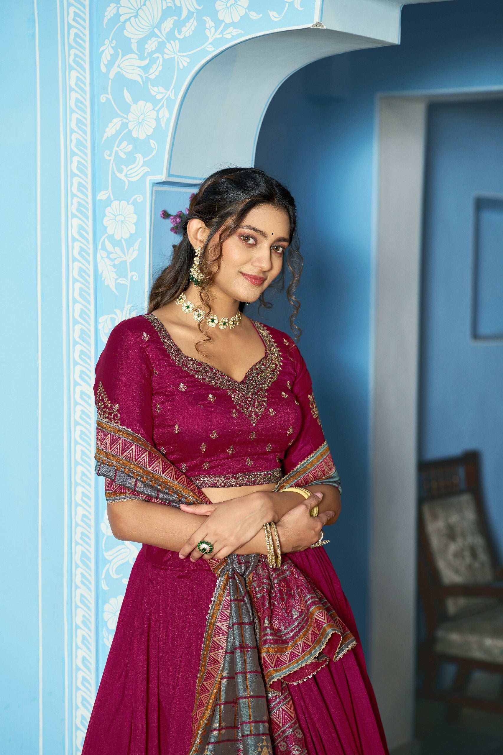 Designer Silk Lehenga Saree with Contrast Blouse – Festive Collection