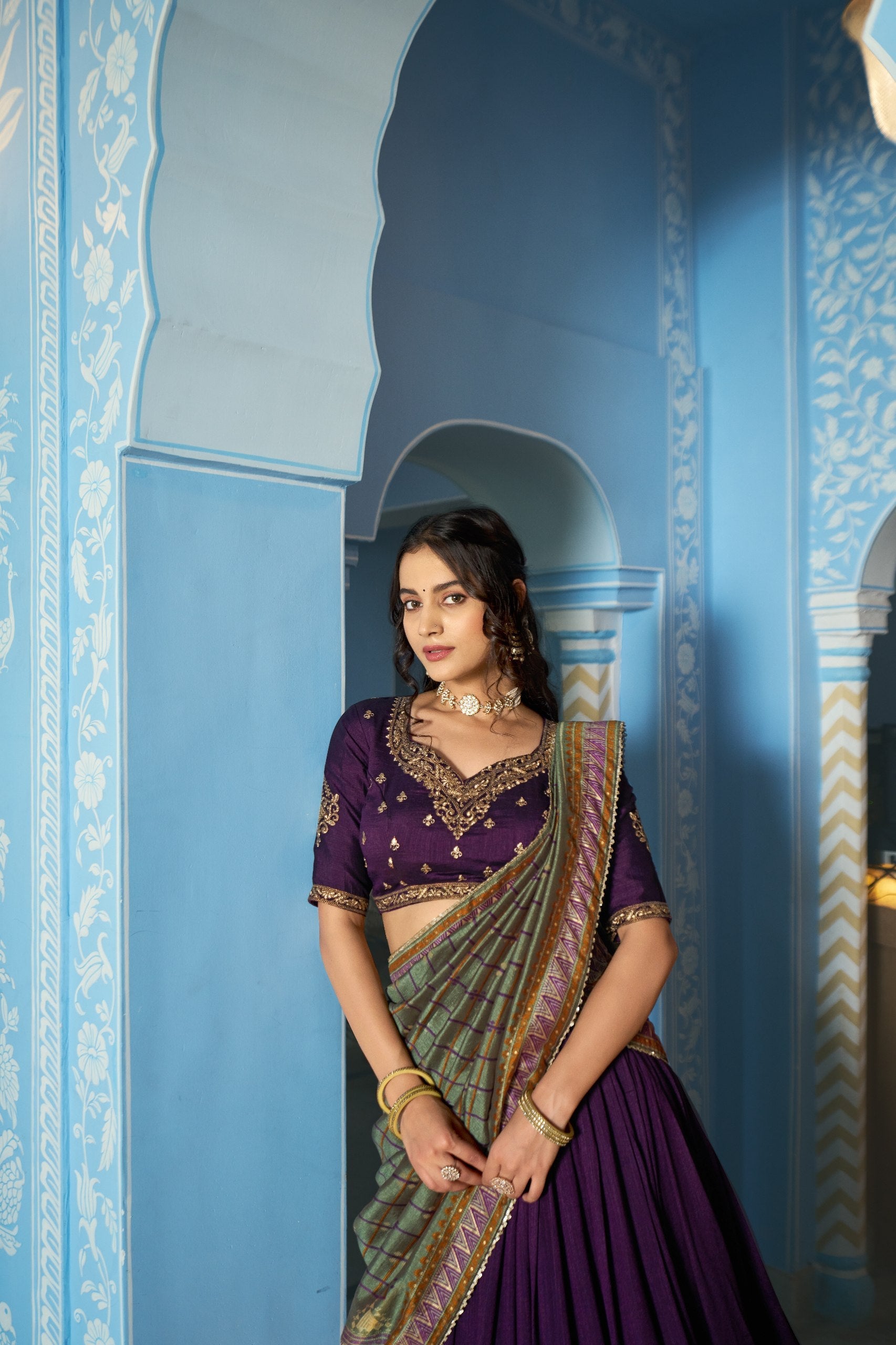 Designer Silk Lehenga Saree with Contrast Blouse – Festive Collection