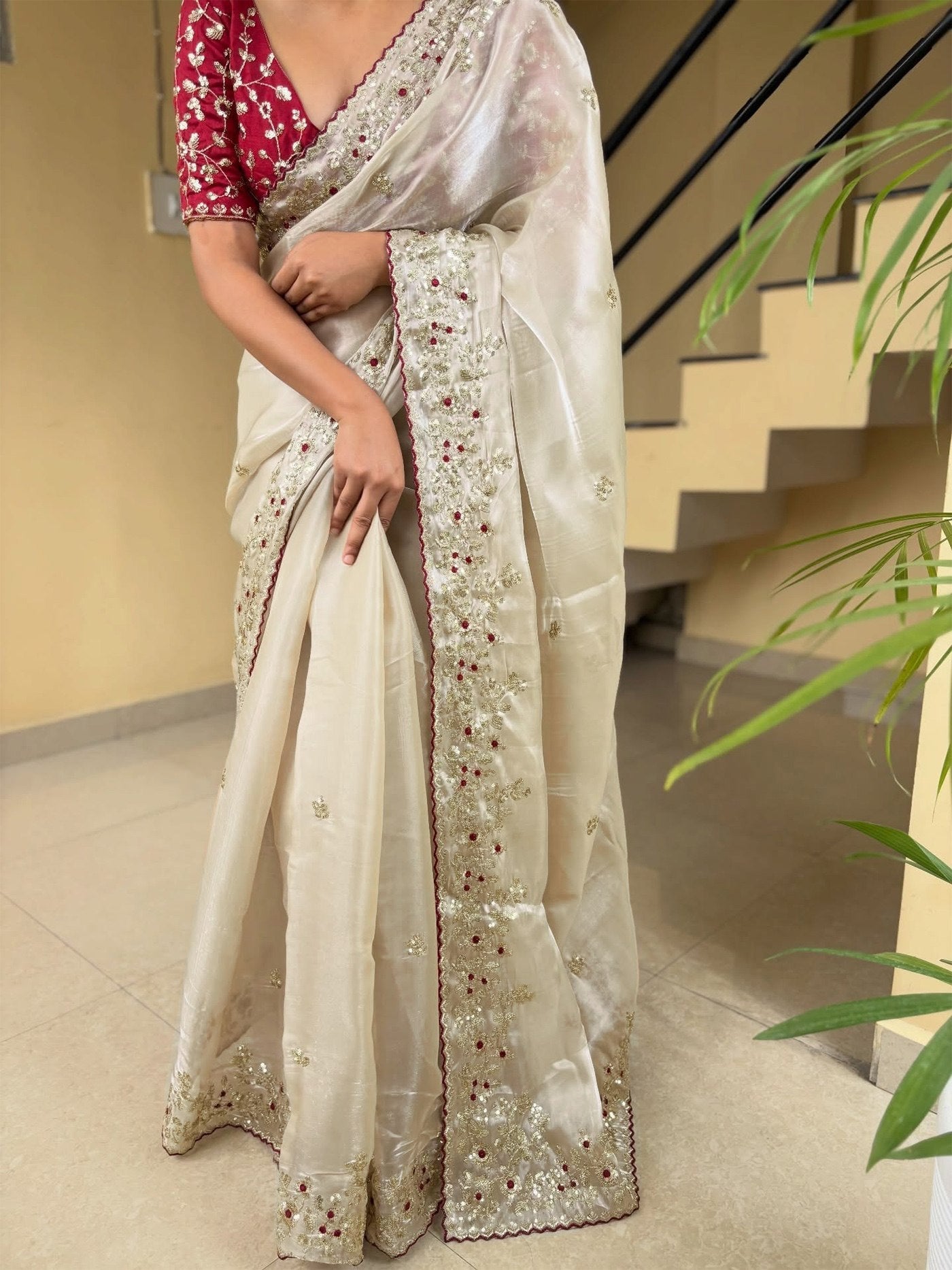 Premium Ivory Saree with Heavy Border Embroidery – Festive Wear