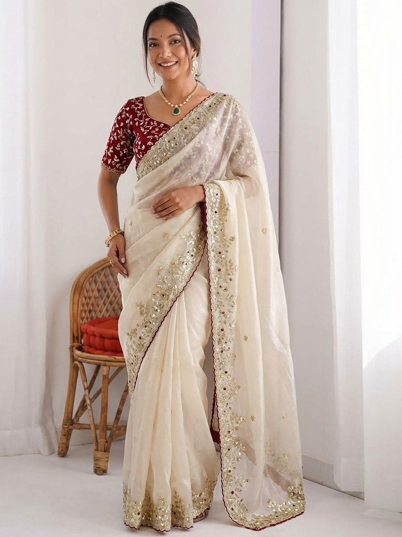 Premium Ivory Saree with Heavy Border Embroidery – Festive Wear