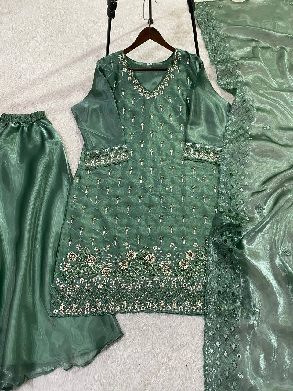 Elegant Green Embroidered Sharara Suit with Organza Dupatta for Festive & Wedding Wear