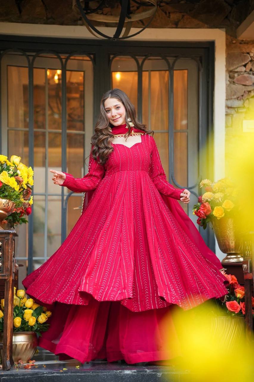 Red Anarkali Gown for Women with Dupatta | Designer Party Wear & Festive Ethnic Dress