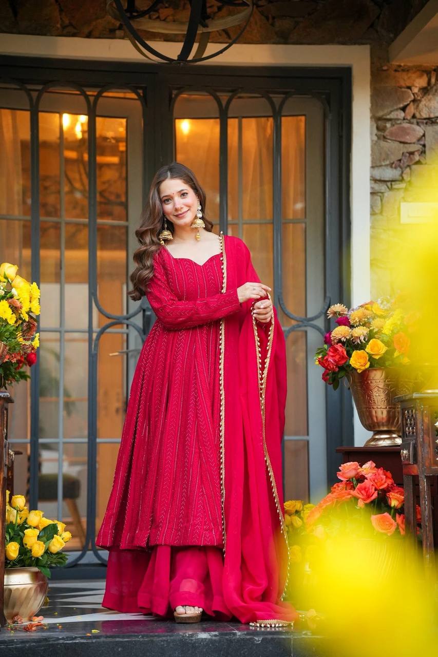 Red Anarkali Gown for Women with Dupatta | Designer Party Wear & Festive Ethnic Dress
