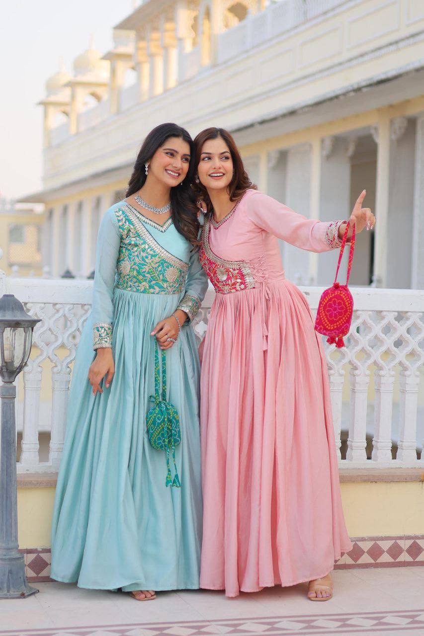 Women’s Designer Anarkali Gown | Heavy Embroidered Party Wear Long Dress (Pink & Blue)
