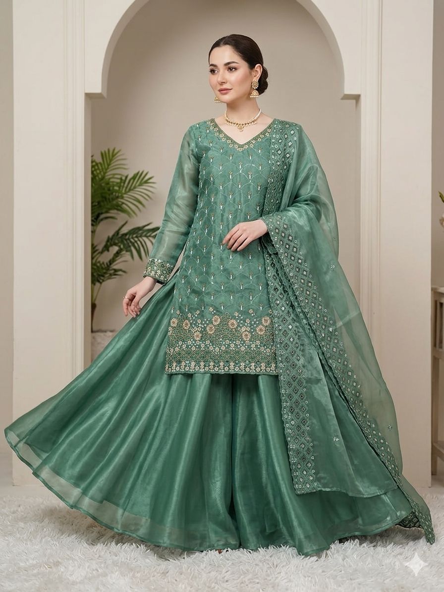 Elegant Green Embroidered Sharara Suit with Organza Dupatta for Festive & Wedding Wear
