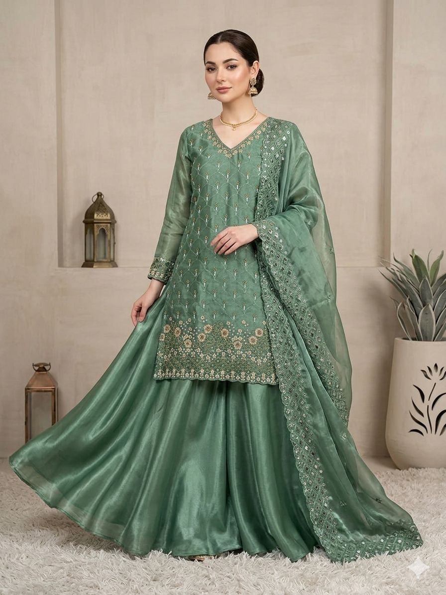 Elegant Green Embroidered Sharara Suit with Organza Dupatta for Festive & Wedding Wear