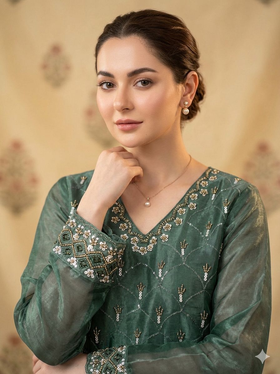 Elegant Green Embroidered Sharara Suit with Organza Dupatta for Festive & Wedding Wear