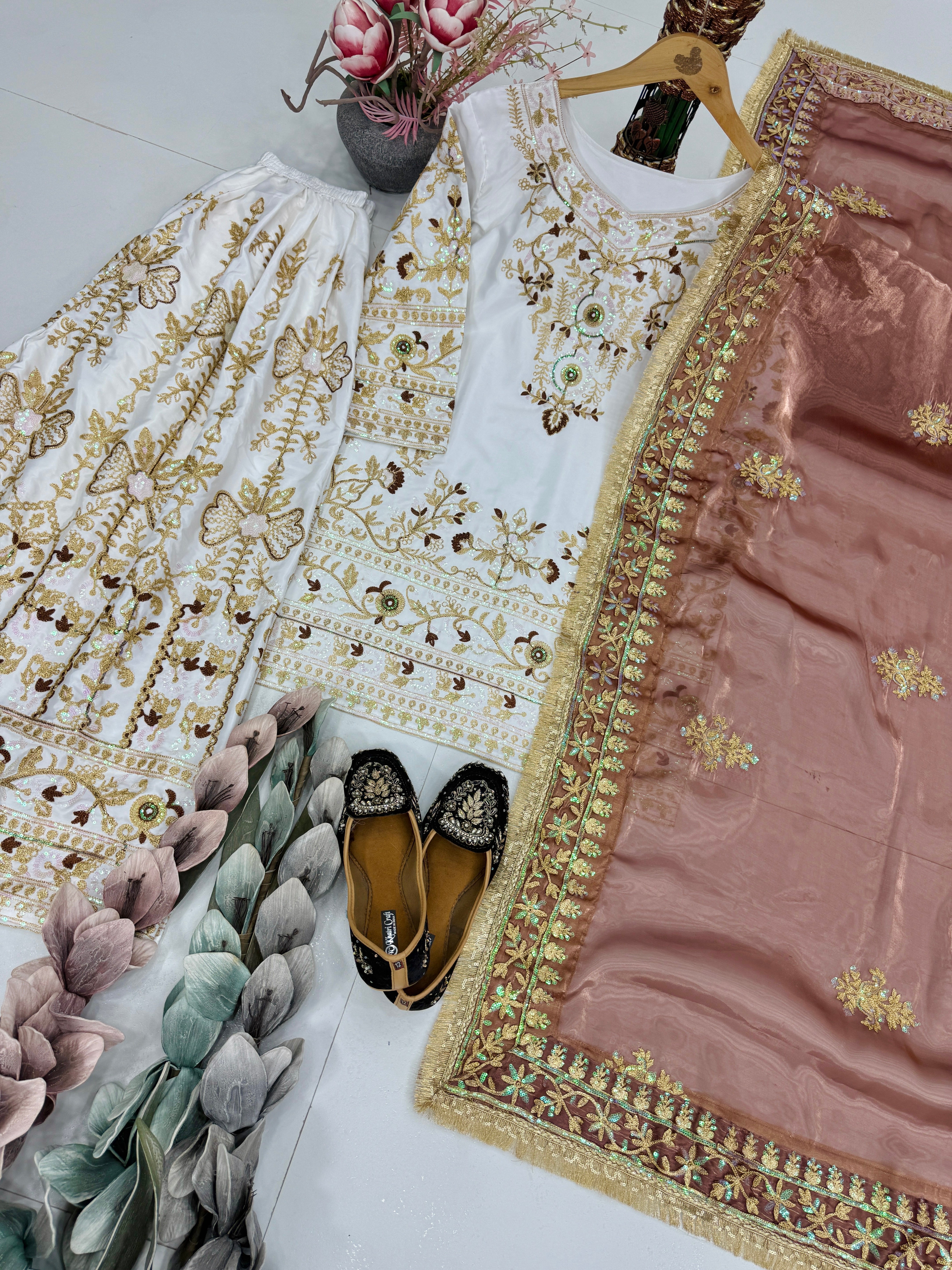 Luxury Ivory Embroidered Kurta Palazzo Set with Designer Dupatta