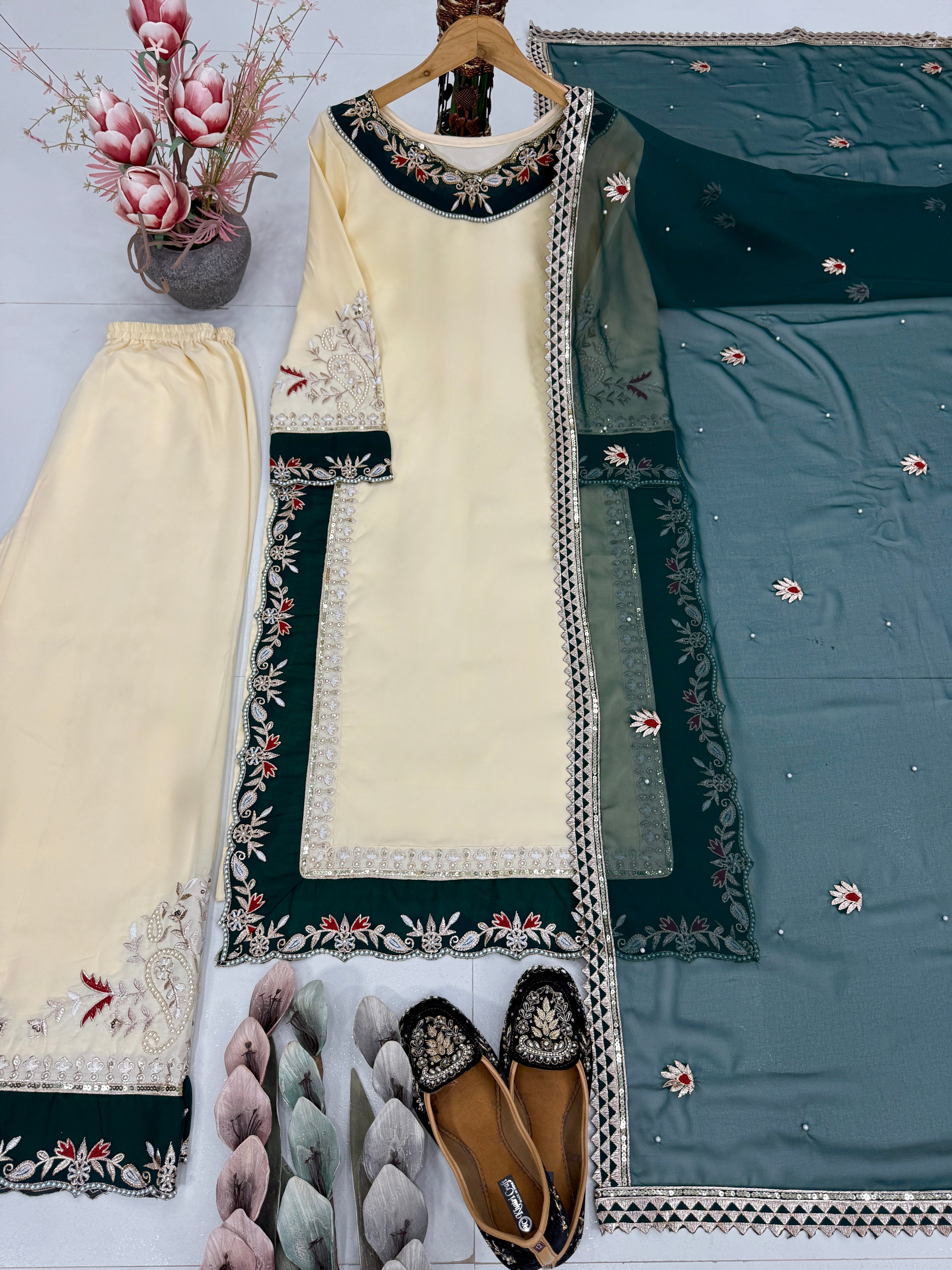 Elegant Cream & Green Embroidered Kurta Palazzo Set with Dupatta