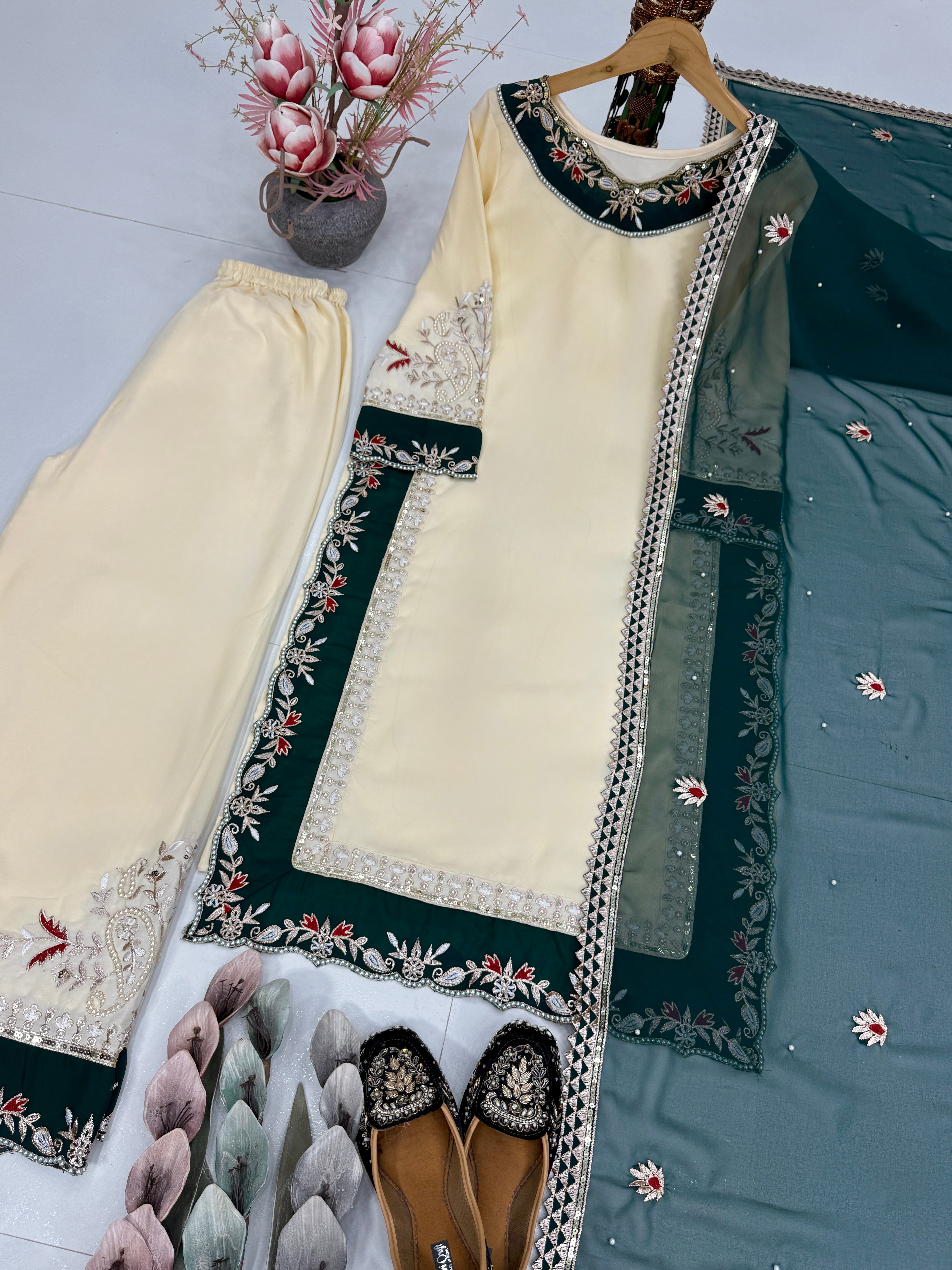 Elegant Cream & Green Embroidered Kurta Palazzo Set with Dupatta