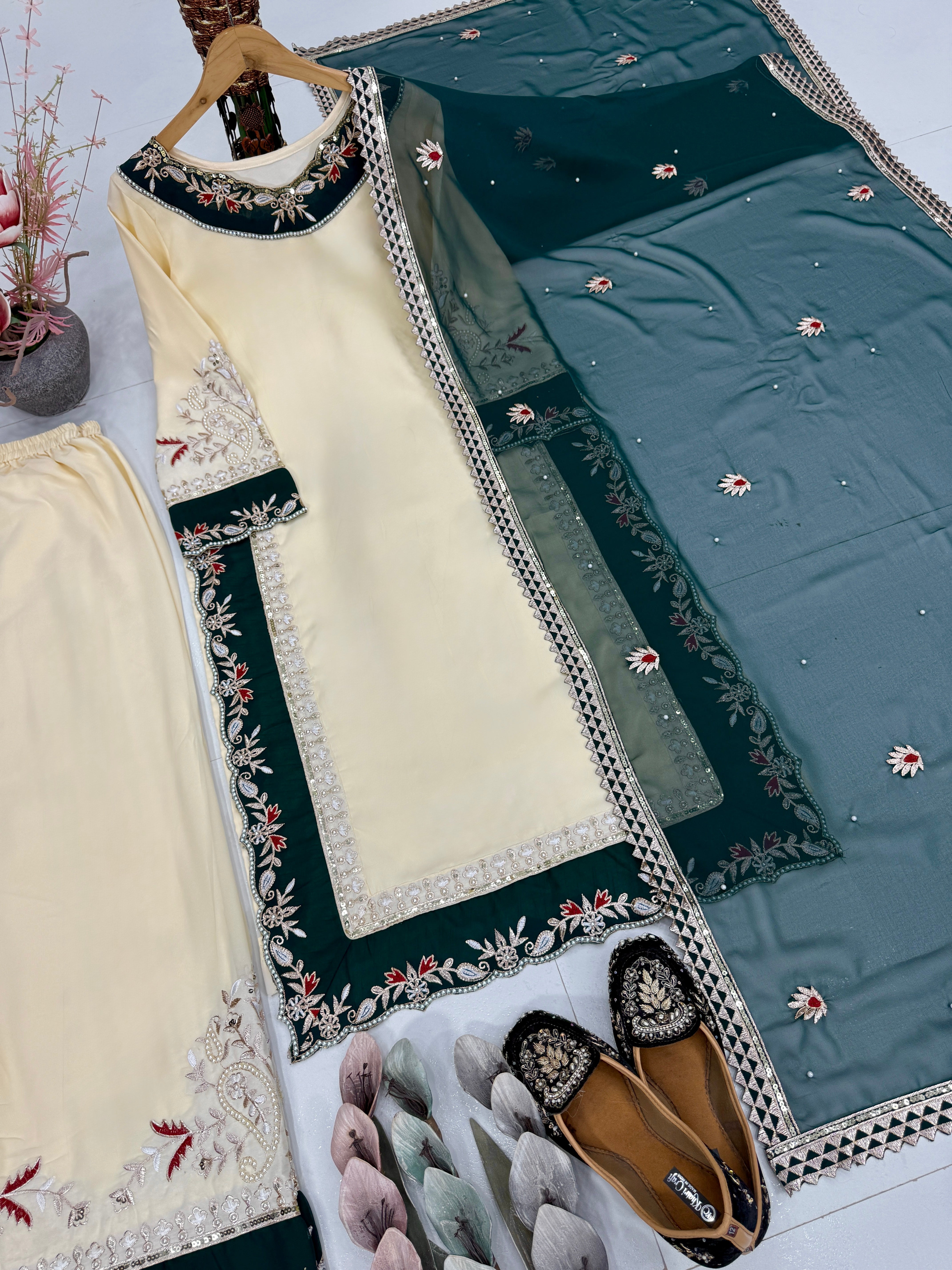 Elegant Cream & Green Embroidered Kurta Palazzo Set with Dupatta