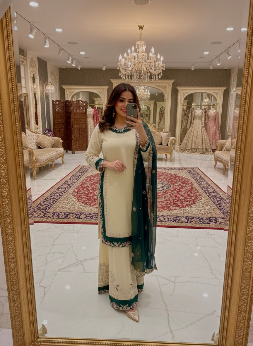 Elegant Cream & Green Embroidered Kurta Palazzo Set with Dupatta