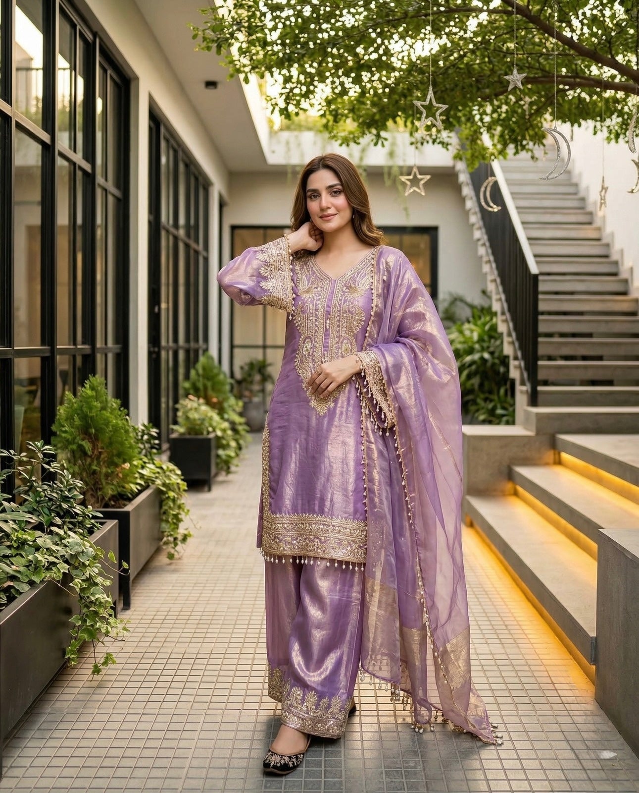 Elegant Lavender Embroidered Kurta Palazzo Set with Dupatta