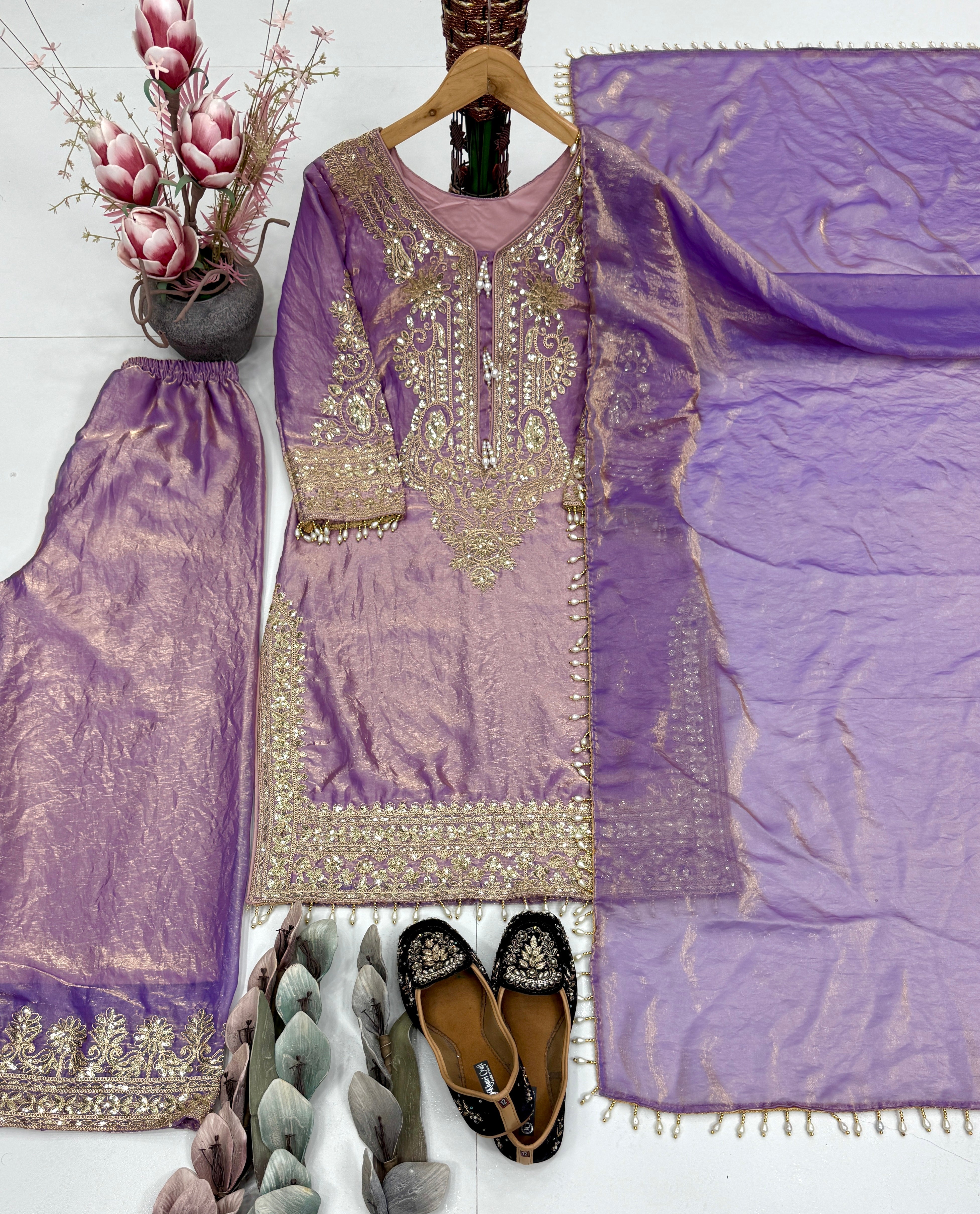 Elegant Lavender Embroidered Kurta Palazzo Set with Dupatta
