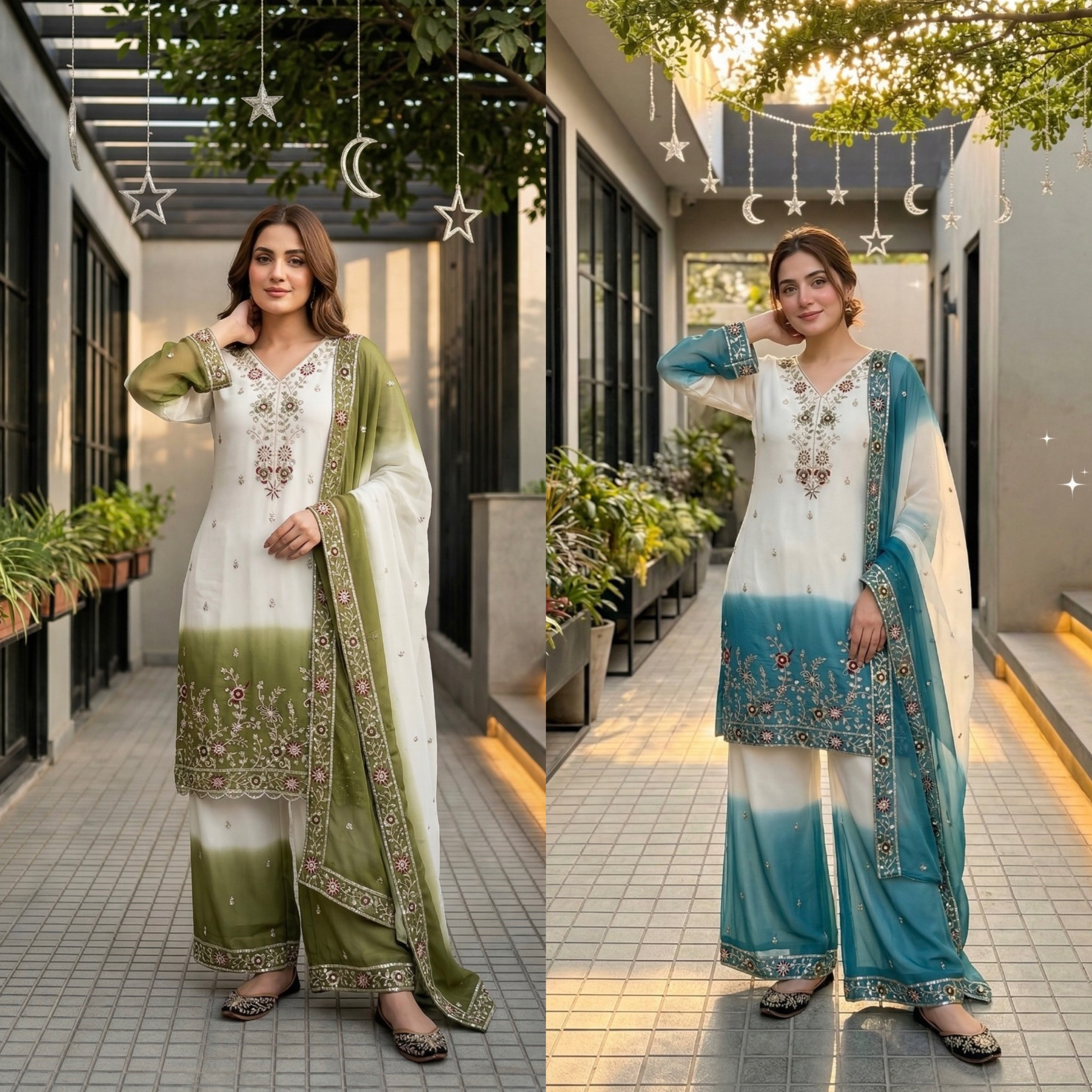 Elegant Ombre Embroidered Kurta Palazzo Set with Dupatta