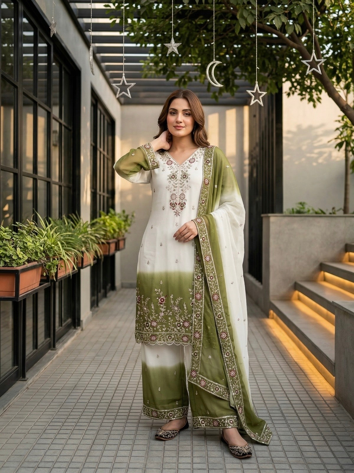 Elegant Ombre Embroidered Kurta Palazzo Set with Dupatta