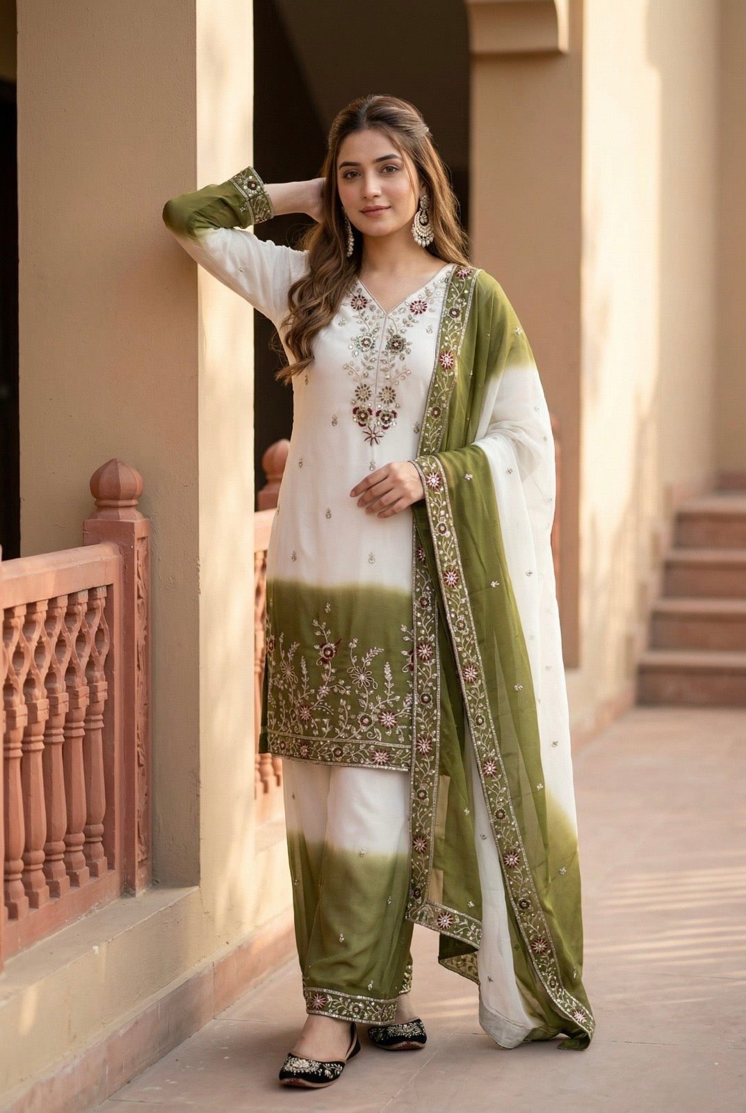 Elegant Ombre Embroidered Kurta Palazzo Set with Dupatta