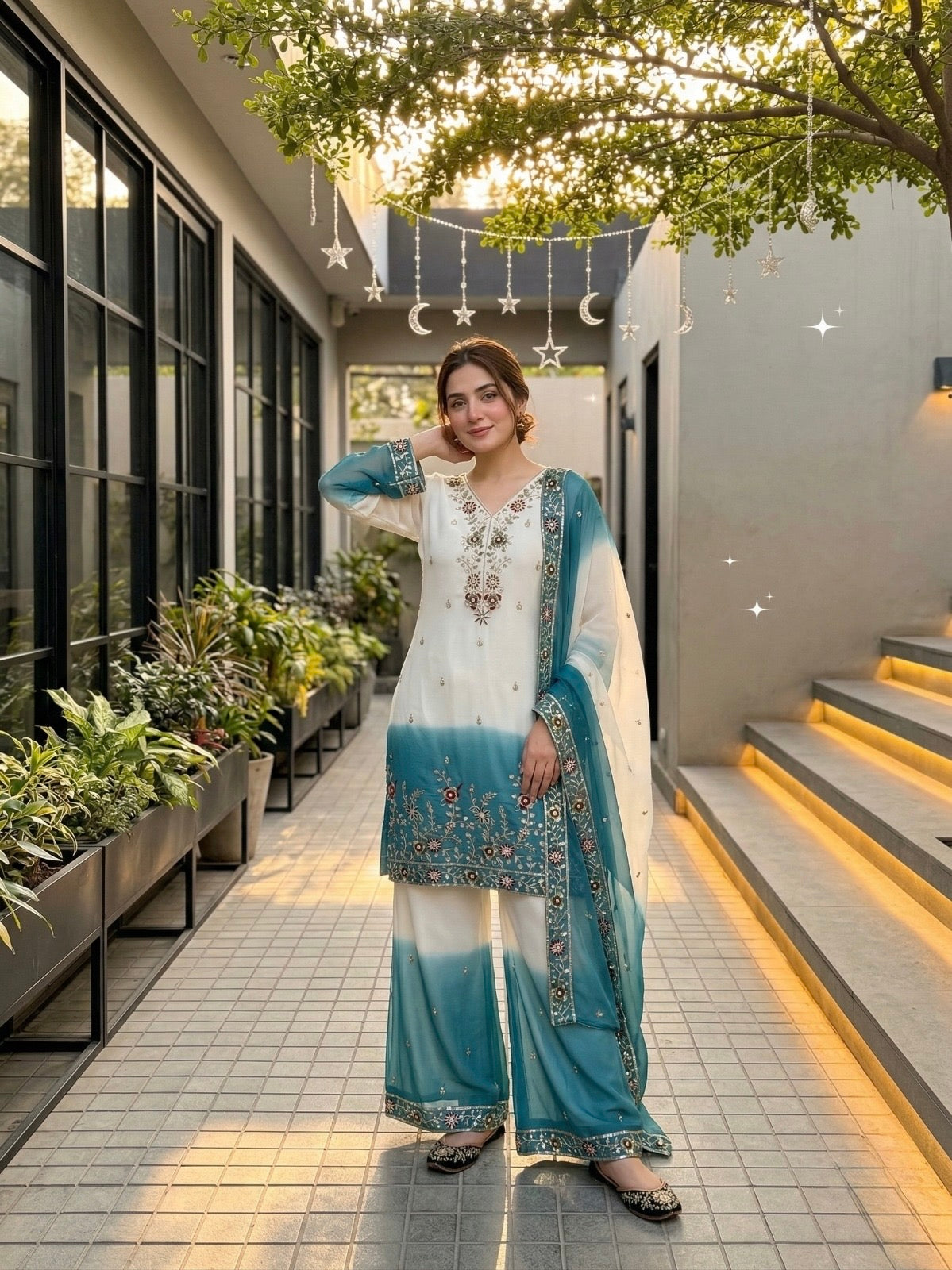 Elegant Ombre Embroidered Kurta Palazzo Set with Dupatta