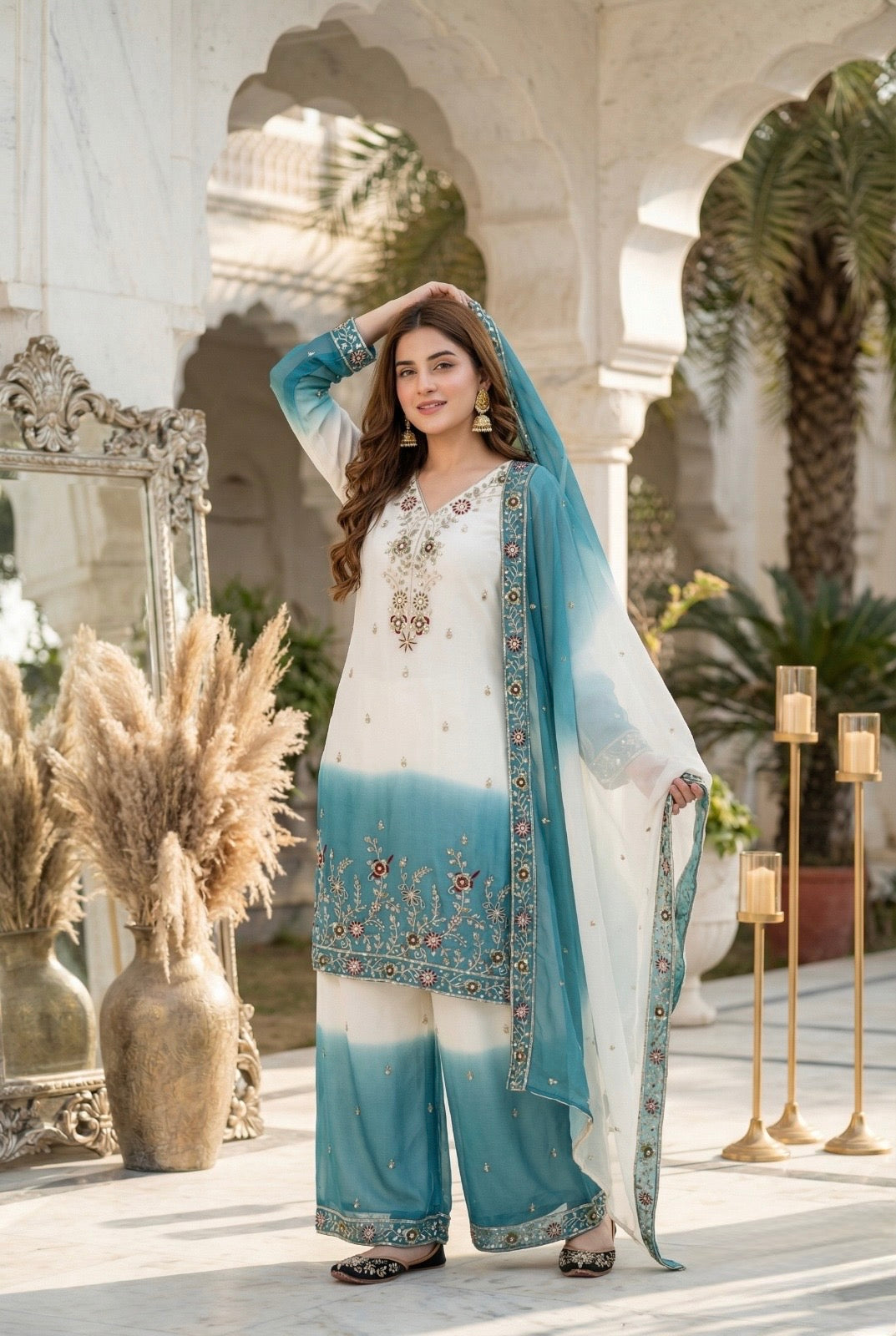 Elegant Ombre Embroidered Kurta Palazzo Set with Dupatta