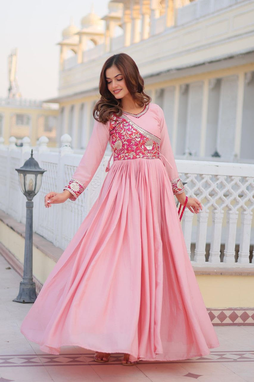 Women’s Designer Anarkali Gown | Heavy Embroidered Party Wear Long Dress (Pink & Blue)
