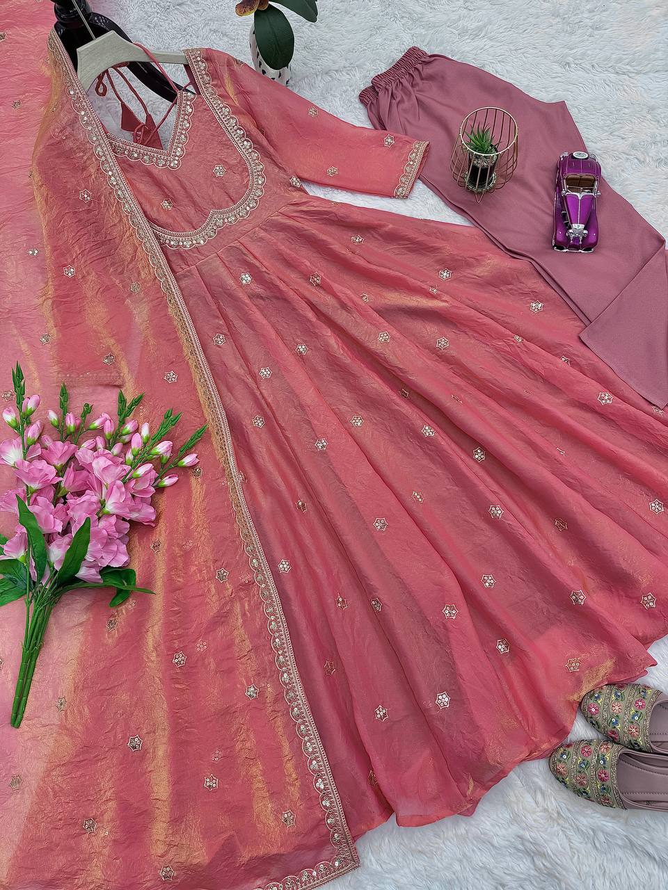 Designer Pink Organza Anarkali Gown with Dupatta | Heavy Embellished Party Wear Ethnic Wear for Women