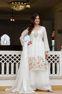 Elegant Off White Embroidered Kurti Plazzo Set with Dupatta | Designer Ethnic Wear for Women