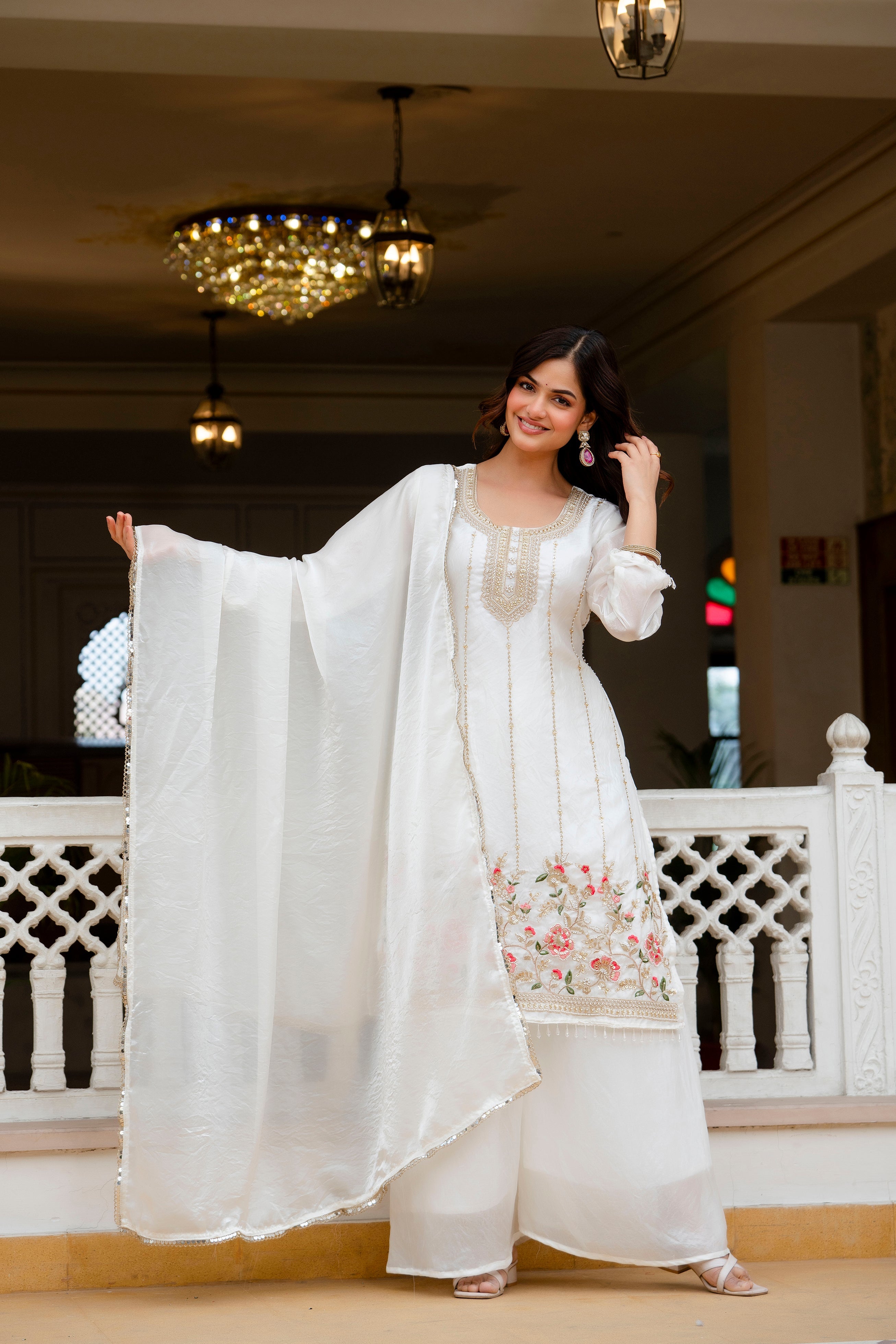 Elegant Off White Embroidered Kurti Plazzo Set with Dupatta | Designer Ethnic Wear for Women