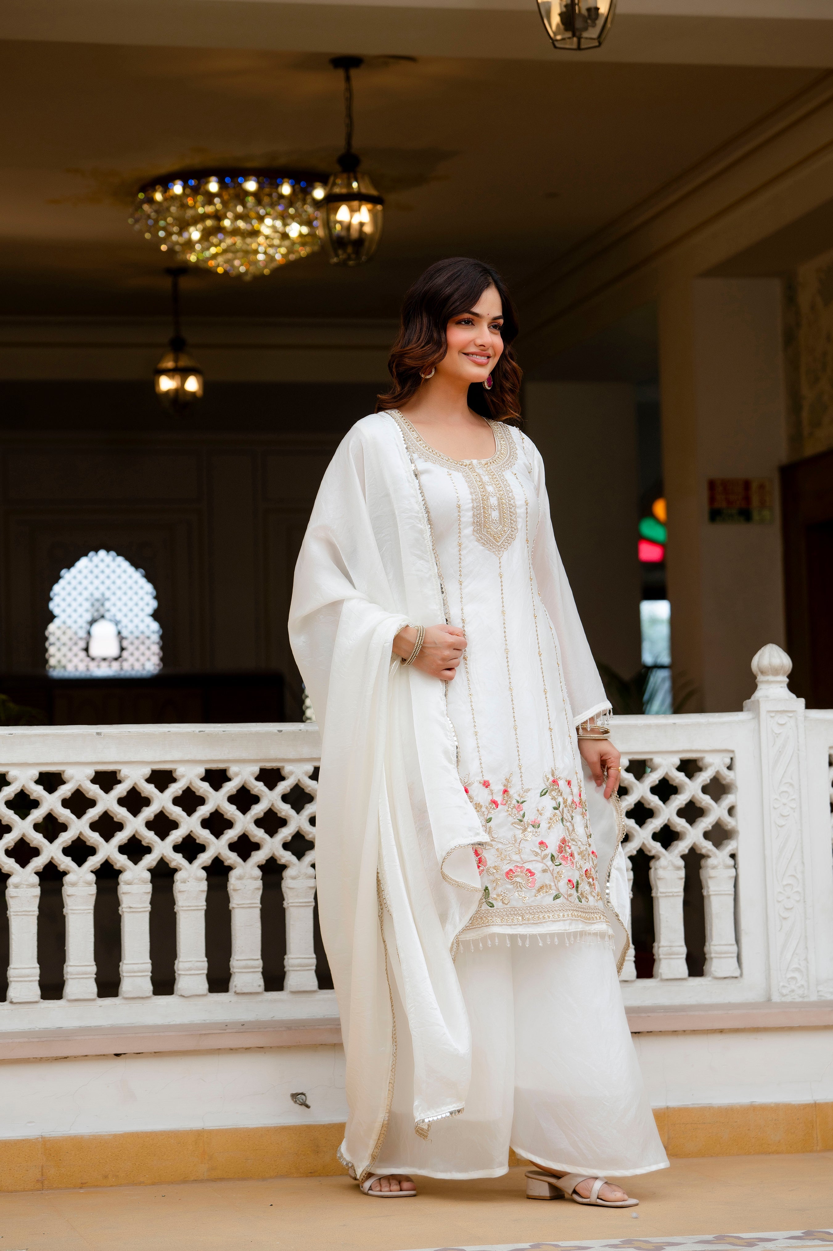 Elegant Off White Embroidered Kurti Plazzo Set with Dupatta | Designer Ethnic Wear for Women