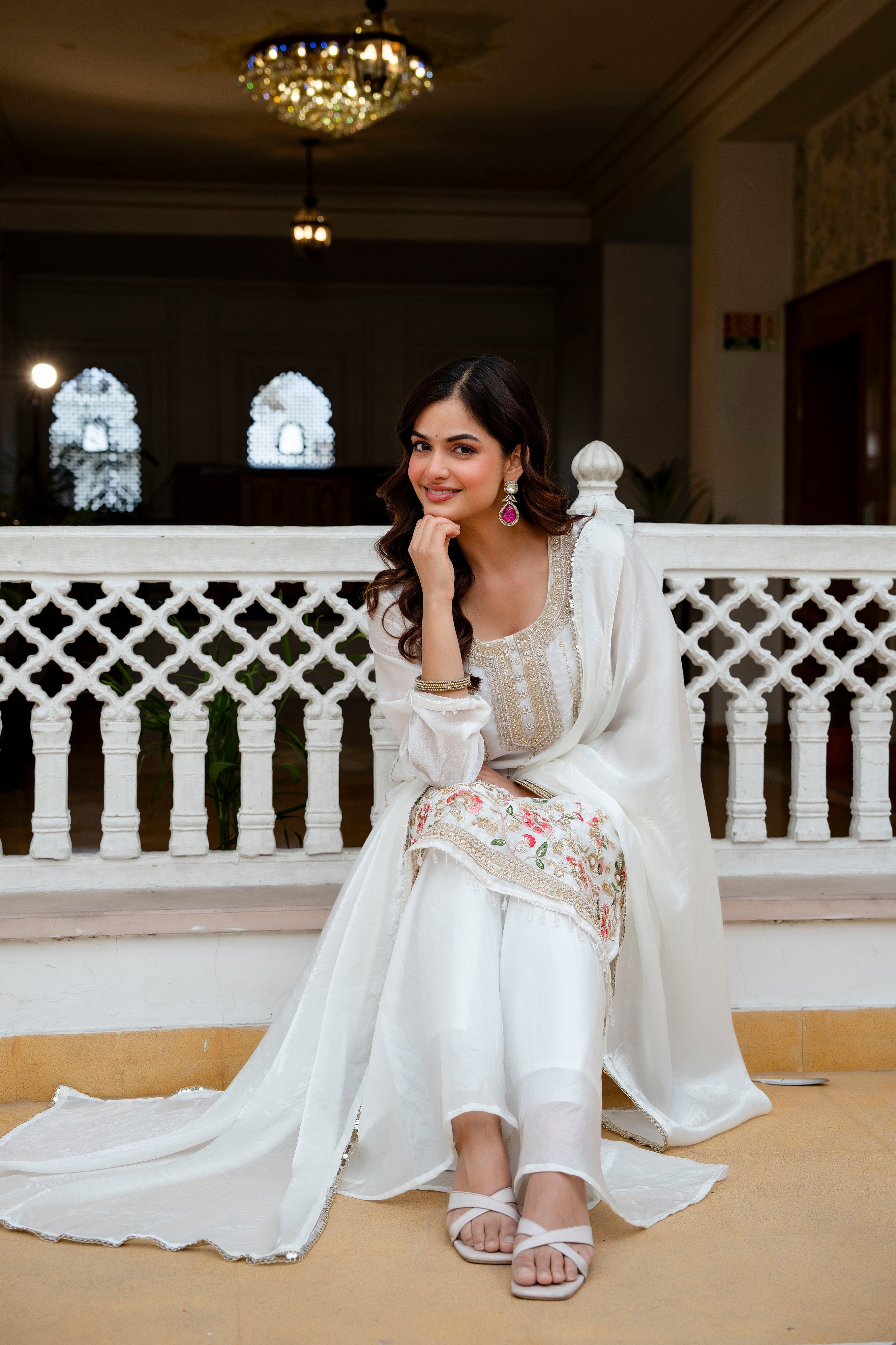 Elegant Off White Embroidered Kurti Plazzo Set with Dupatta | Designer Ethnic Wear for Women