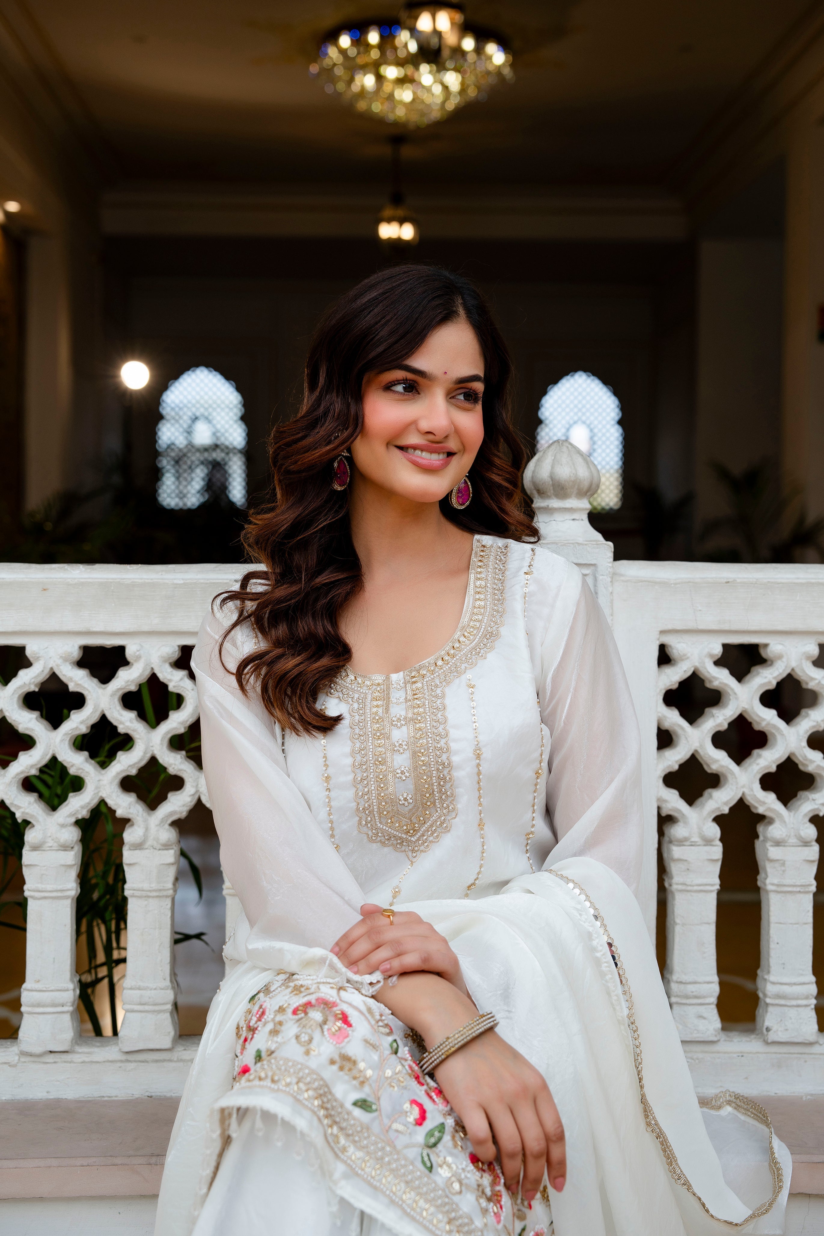 Elegant Off White Embroidered Kurti Plazzo Set with Dupatta | Designer Ethnic Wear for Women