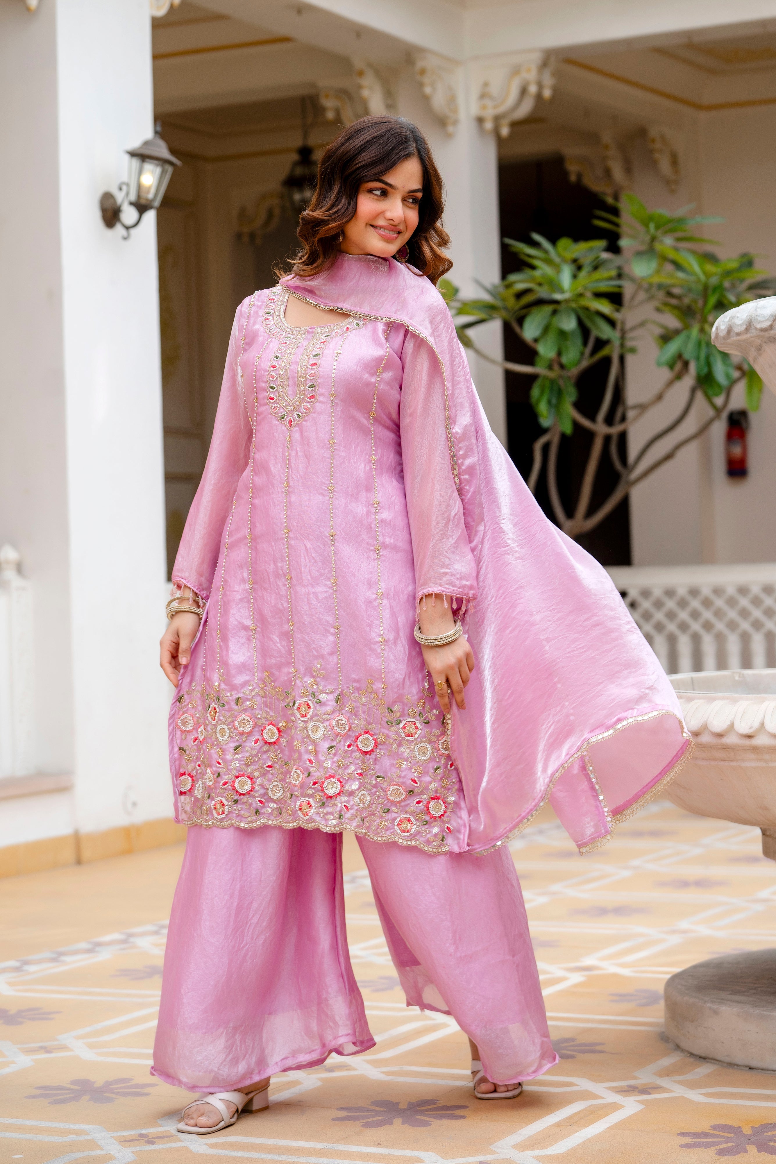 Elegant Pink Kurti Set with Plazzo & Dupatta | Heavy Embroidery Party Wear for Women