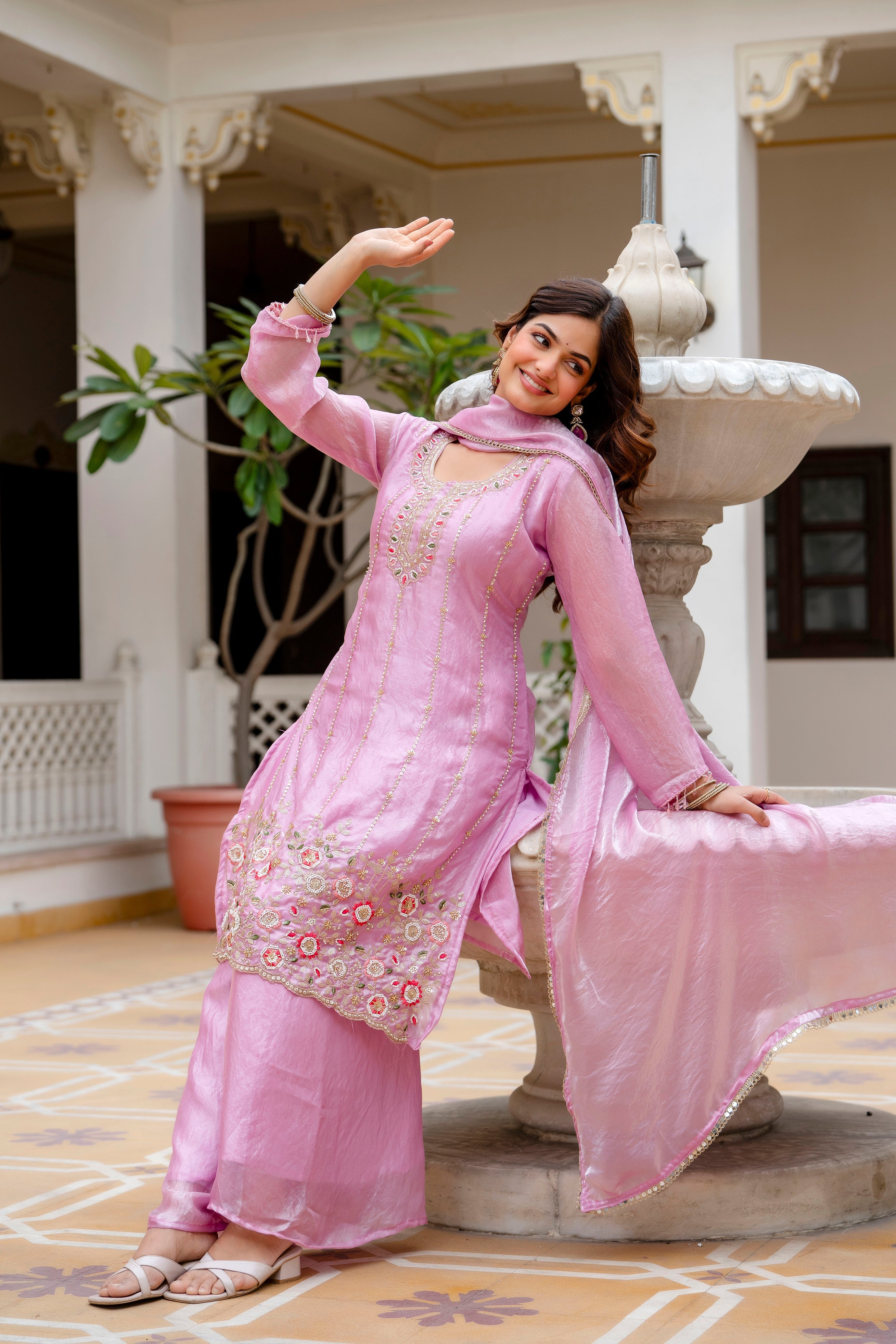 Elegant Pink Kurti Set with Plazzo & Dupatta | Heavy Embroidery Party Wear for Women