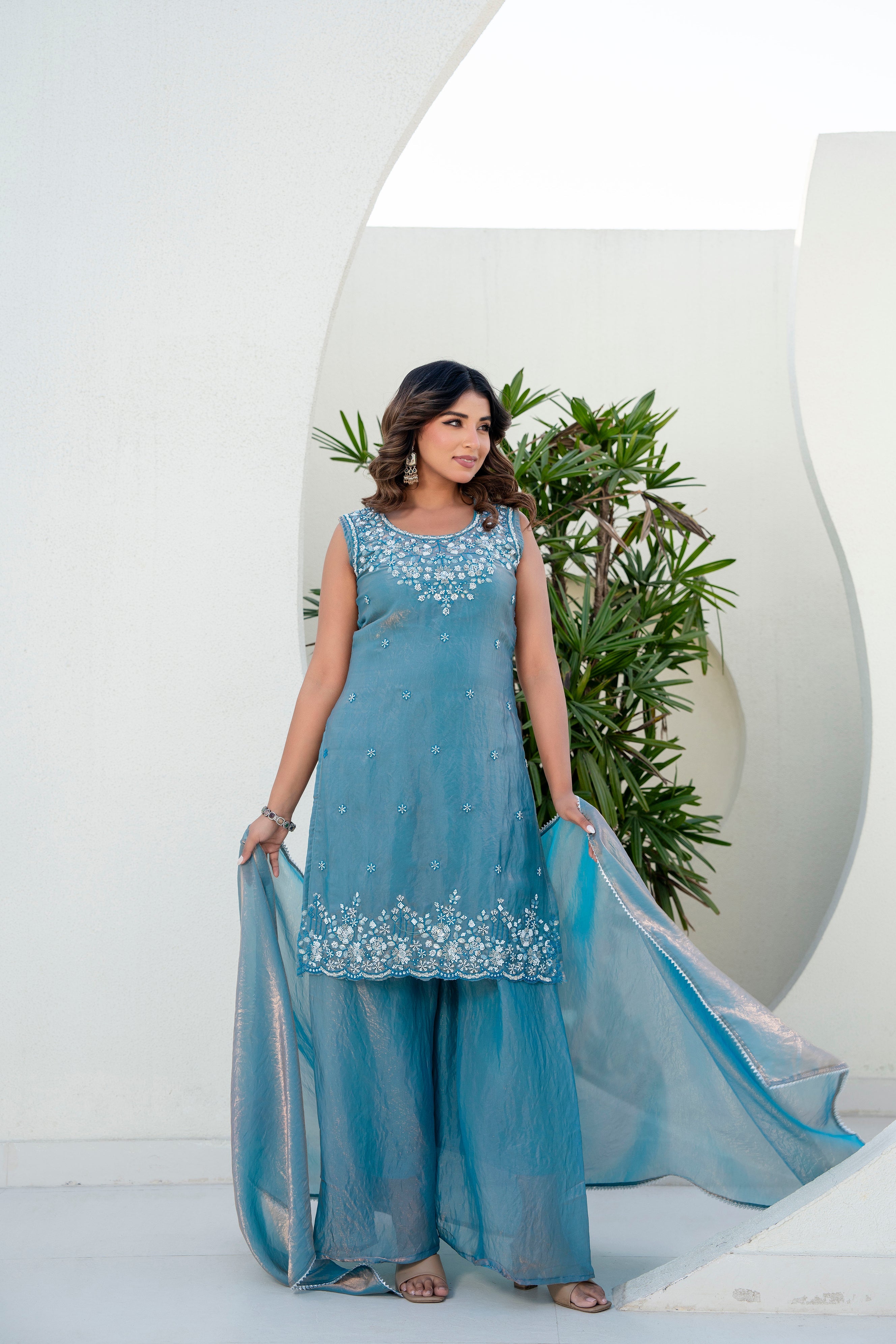 Designer Teal Blue Kurti Plazzo Set with Dupatta | Heavy Embroidered Party Wear Ethnic Set for Women