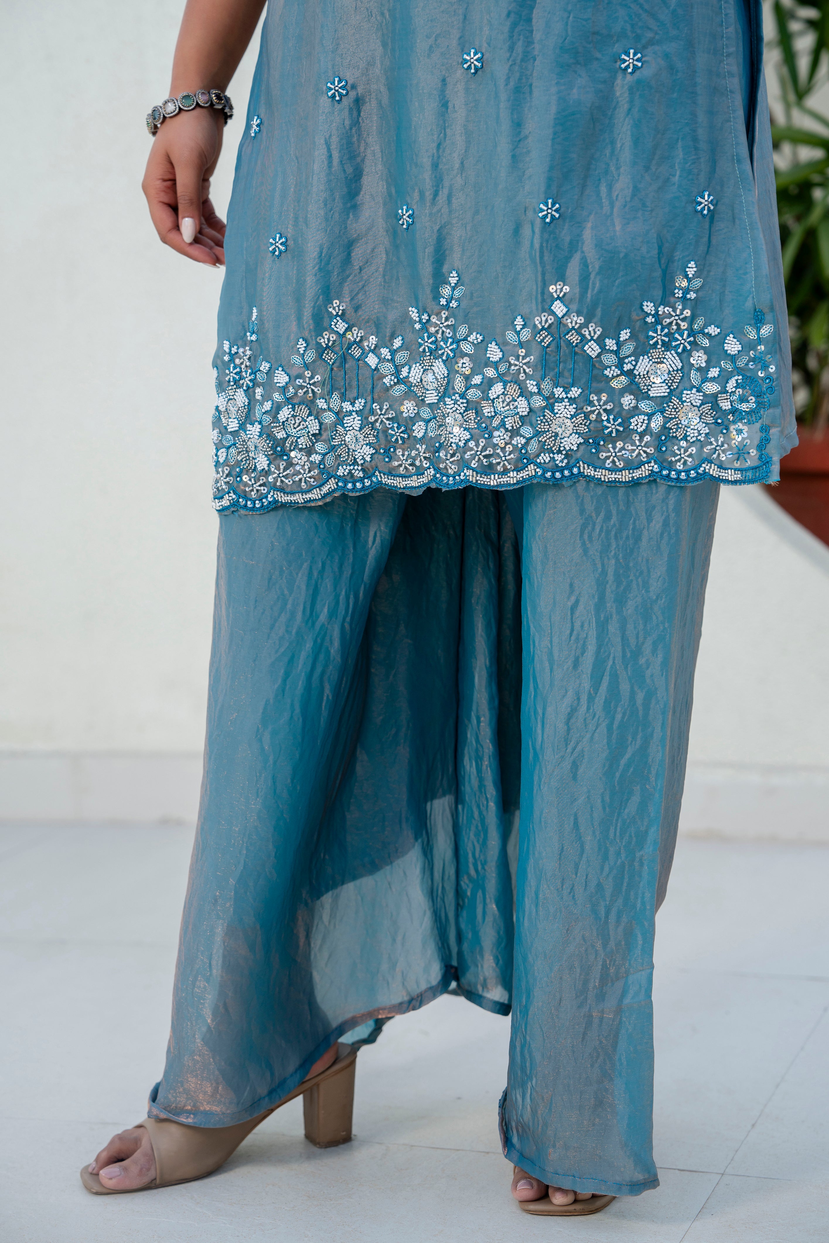 Designer Teal Blue Kurti Plazzo Set with Dupatta | Heavy Embroidered Party Wear Ethnic Set for Women