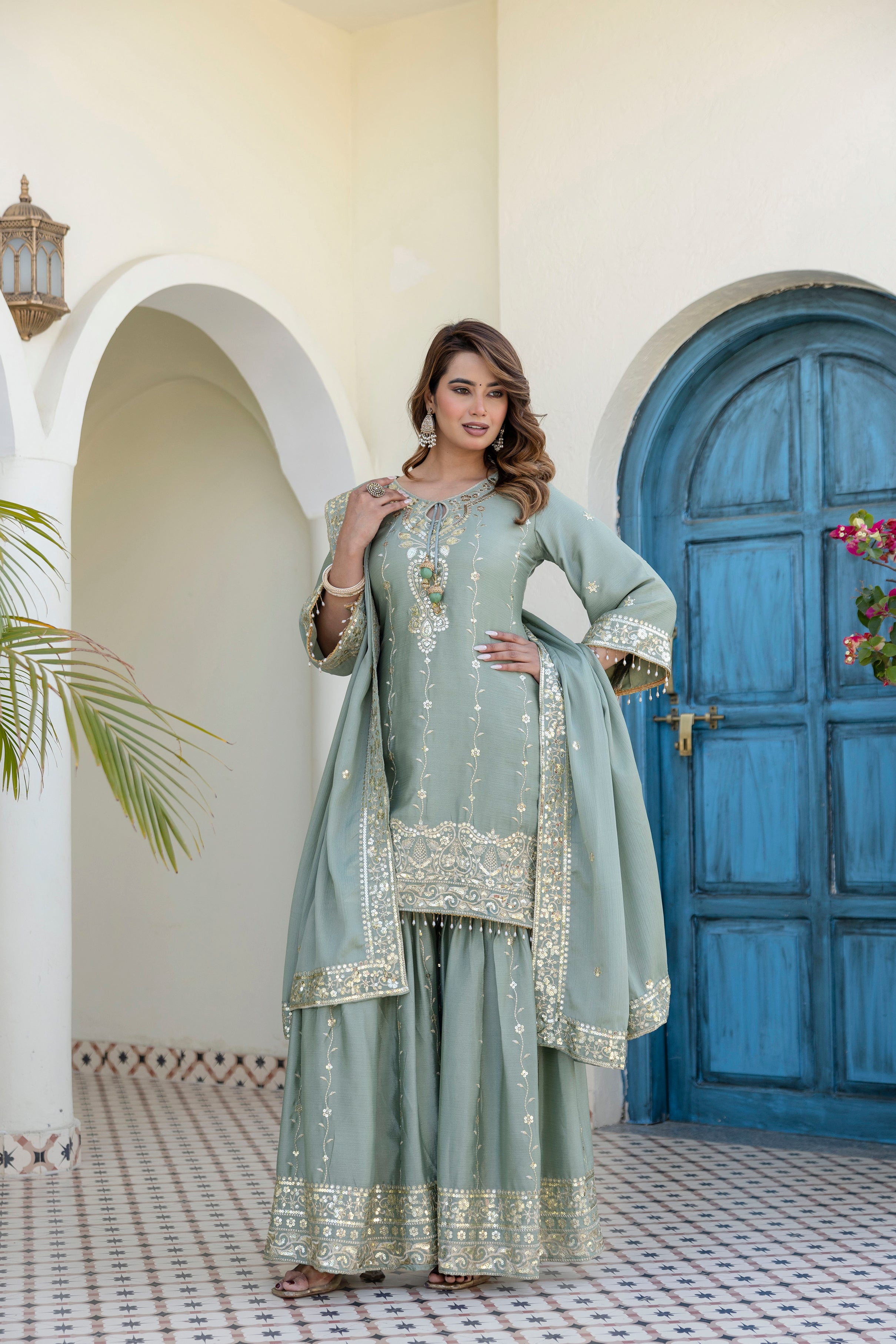Designer Green Ethnic Sharara Set with Heavy Embroidery Work