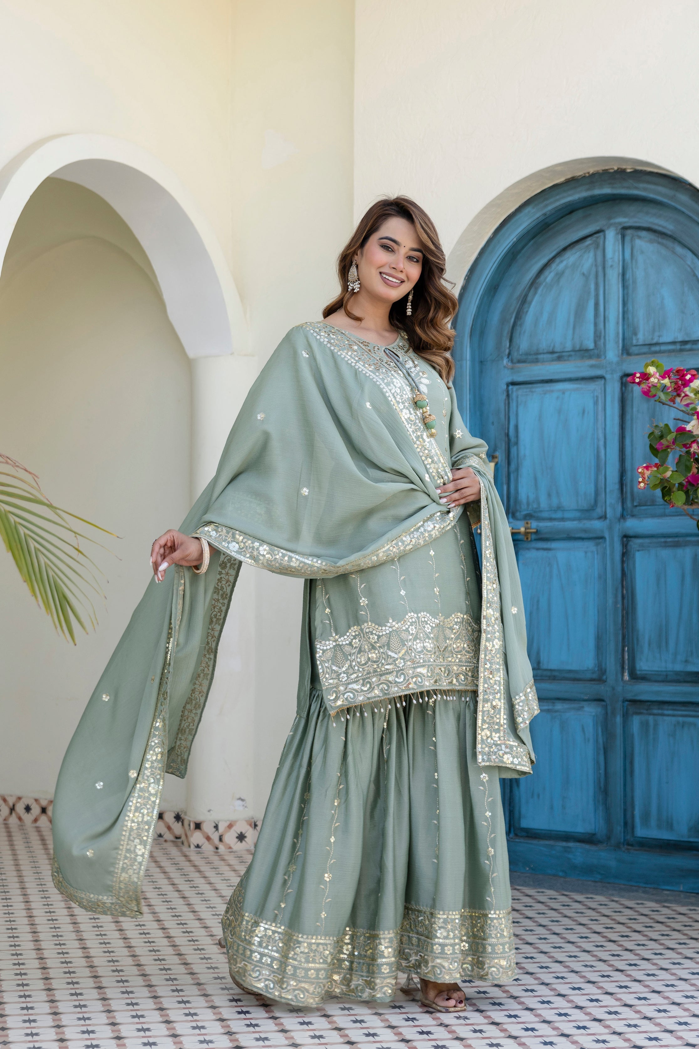 Designer Green Ethnic Sharara Set with Heavy Embroidery Work