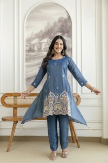 Trendy Kurta Pant Set with Intricate Embroidery Work
