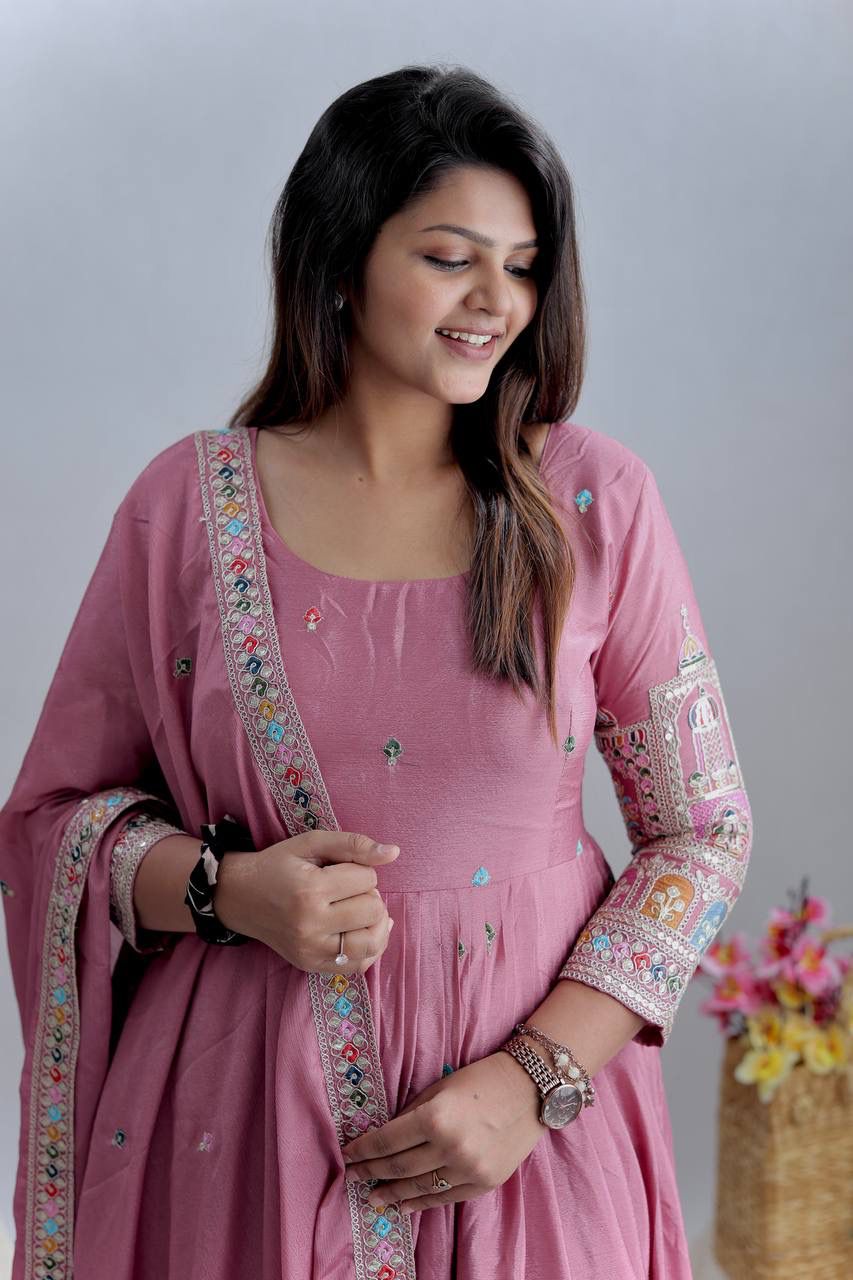 Presenting New Collection Heavy Pure Cinon Silk Gown -Pent  Dupatta Set Fully Stitched Ready To Wear