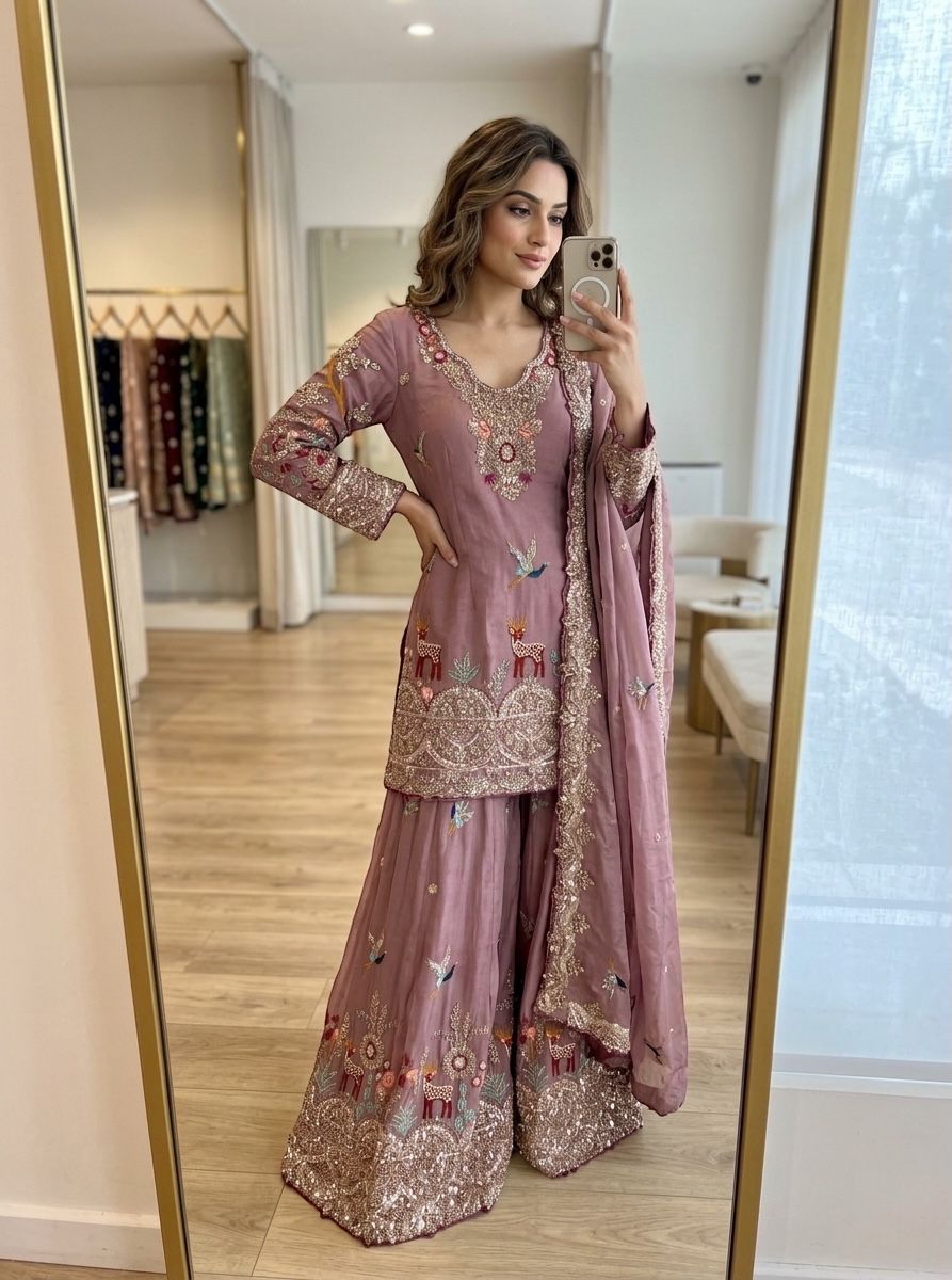 Elegant Embroidered Kurta Sharara Set with Dupatta for Women