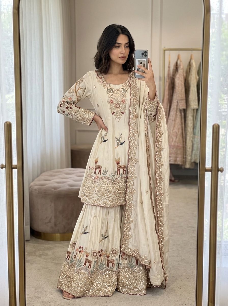 Elegant Embroidered Kurta Sharara Set with Dupatta for Women