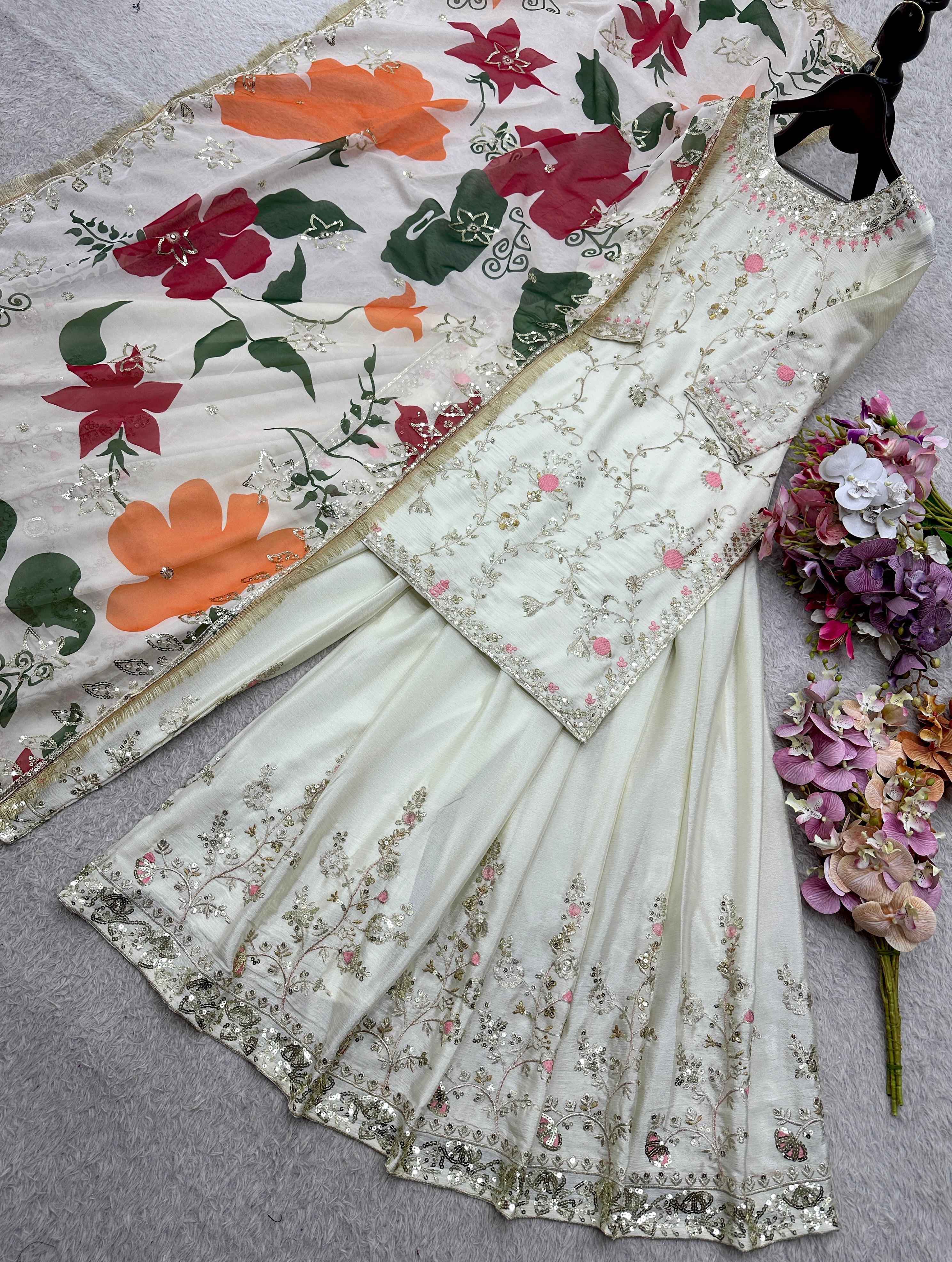 Luxury Embroidered Chinon Silk Kurta Palazzo Set with Designer Dupatta