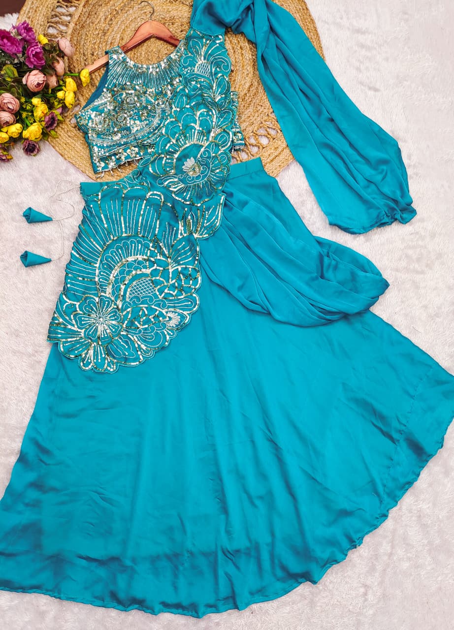 Designer Ready To Wear Teal Lehenga Choli with Heavy Embroidery Work